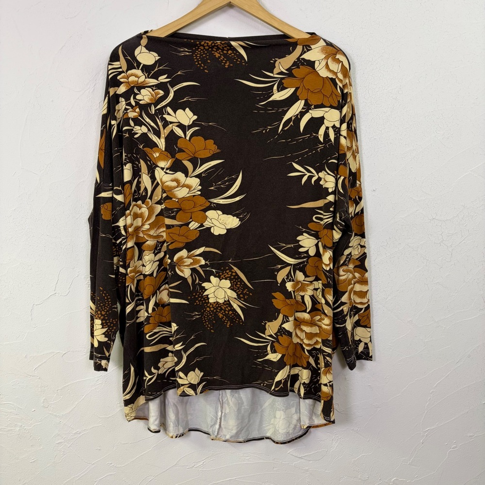 Bryn Walker Floral Tunic Top Womens XS Brown Long Sleeve Hi Low Lagenlook Boho